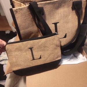 Beige and Black Tote Bag Set with Initial L